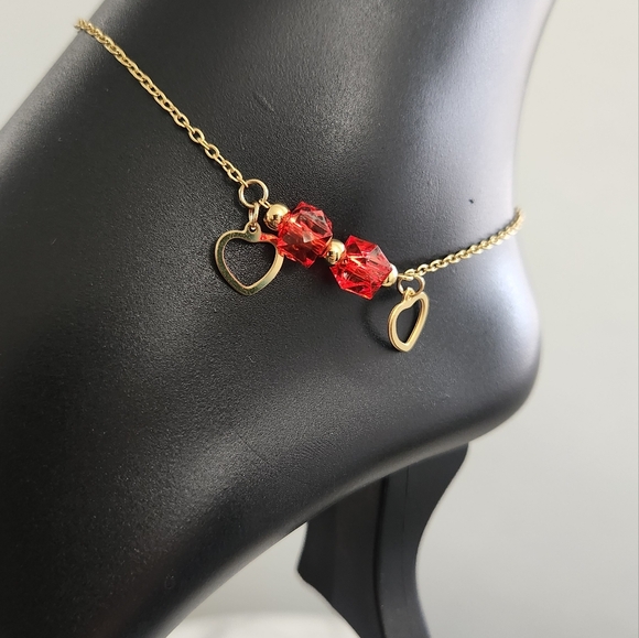 Jewelry - Gold Stainless Steel Anklet Heart Charm with Red Beads Adjustable Dainty Bra